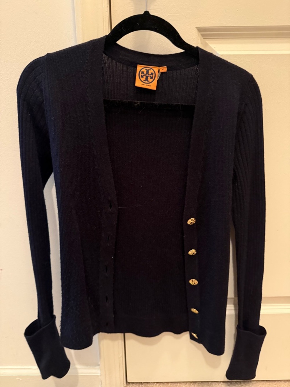 Tory Burch Navy Ribbed Gold-Button Cardigan
